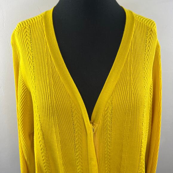CABI Yellow Cardigan Sweater Cotton Cable Knit Ribbed Button Size S Small - Picture 3 of 9
